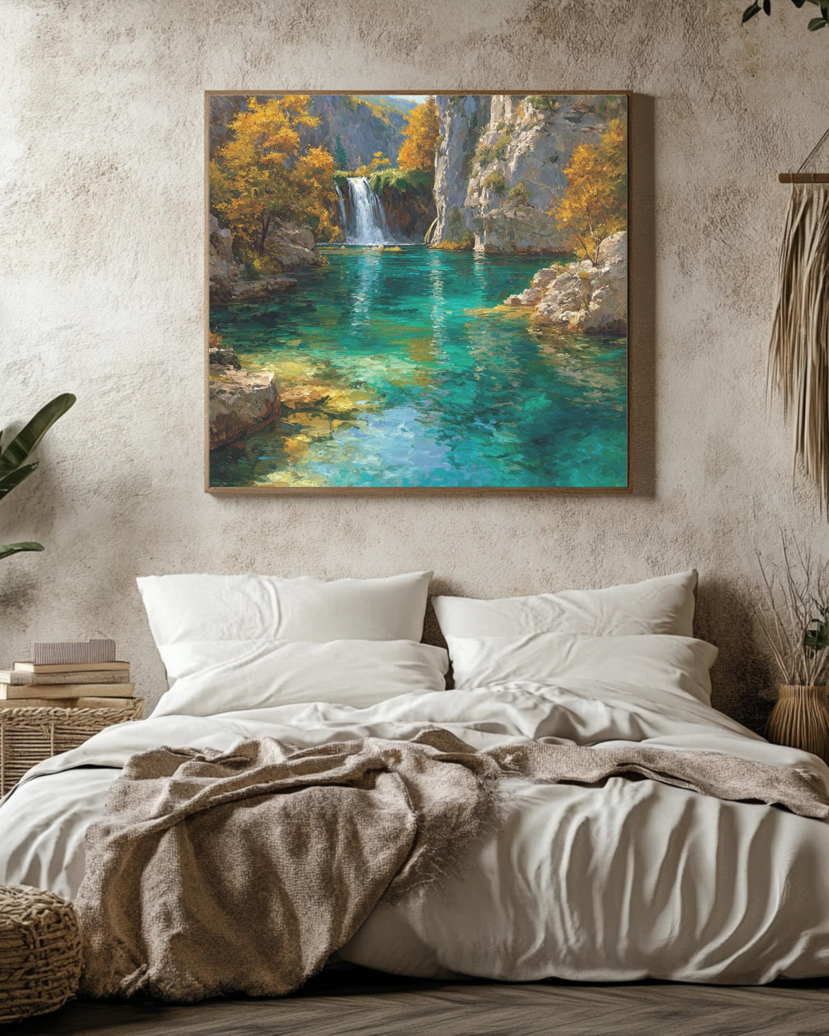 Turquoise Waterfall Canyon Landscape Painting, Vibrant Autumn Forest Lake Wall Art, Tranquil Nature Scenic Poster Canv