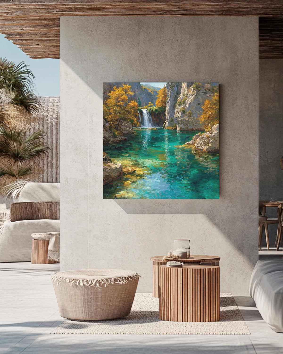 Turquoise Waterfall Canyon Landscape Painting, Vibrant Autumn Forest Lake Wall Art, Tranquil Nature Scenic Poster Canv