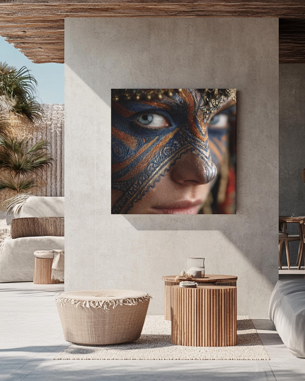 Warrior Face Paint Portrait, Tribal Blue and Gold Mask Art, Bold Cultural Expression Poster Canvas Print