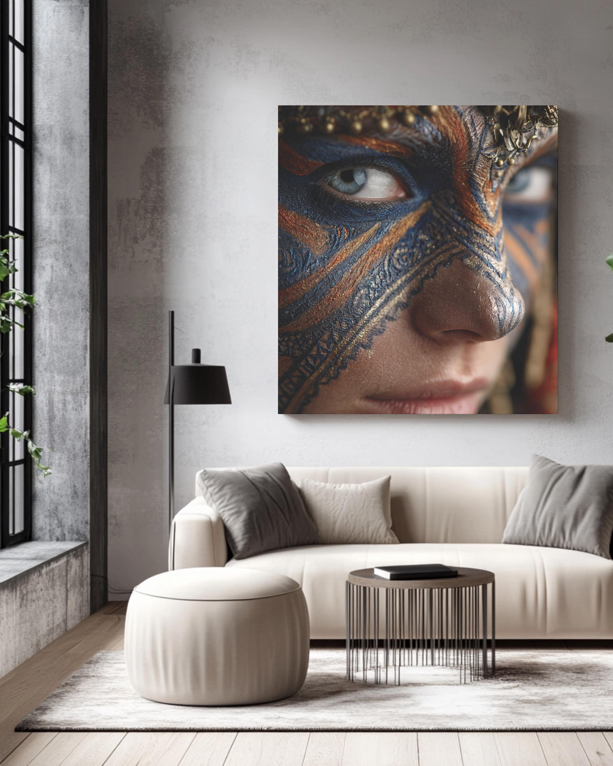 Warrior Face Paint Portrait, Tribal Blue and Gold Mask Art, Bold Cultural Expression Poster Canvas Print