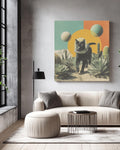 Black Cat in Space Helmet Desert Art, Surreal Cosmic Collage with Cacti and Planets, Vintage Magazine Cutout Style Poster Canvas