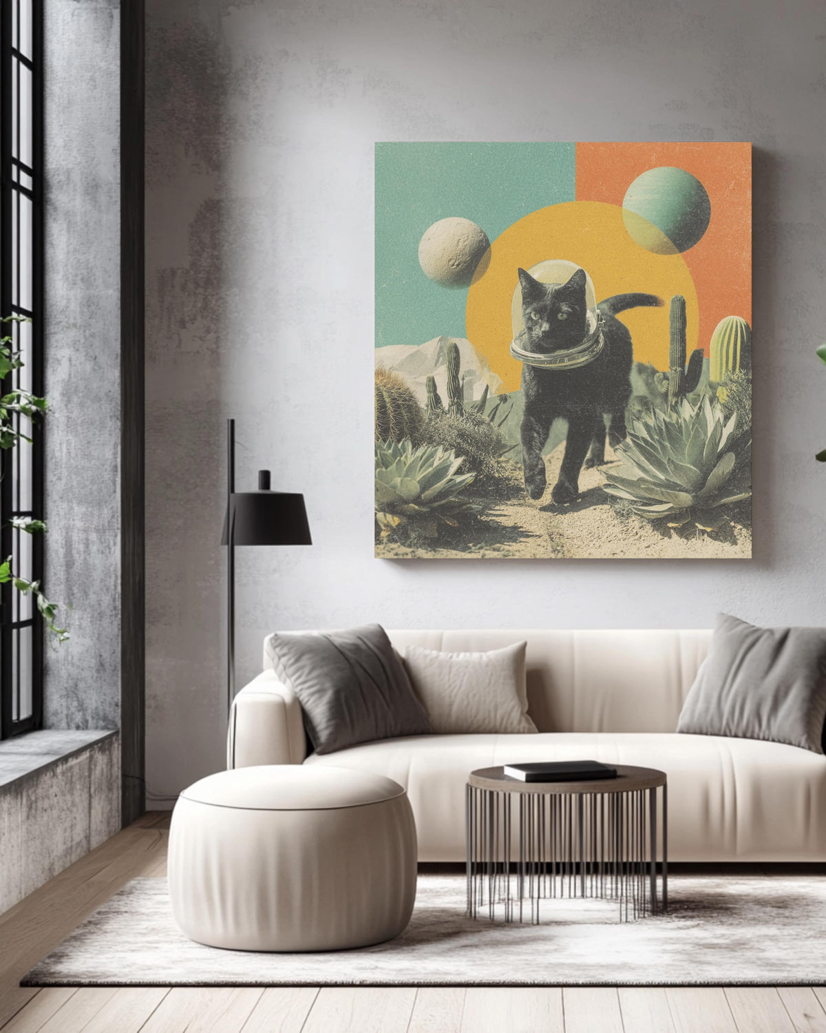 Black Cat in Space Helmet Desert Art, Surreal Cosmic Collage with Cacti and Planets, Vintage Magazine Cutout Style Poster Canvas