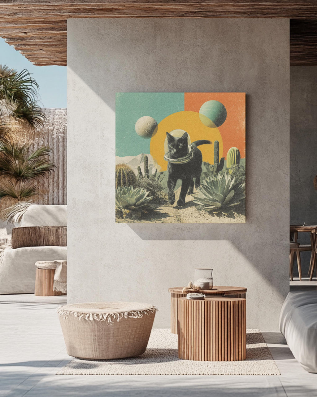 Black Cat in Space Helmet Desert Art, Surreal Cosmic Collage with Cacti and Planets, Vintage Magazine Cutout Style Poster Canvas