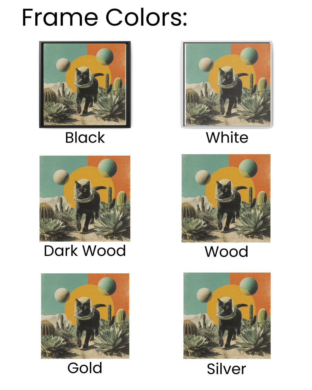 Black Cat in Space Helmet Desert Art, Surreal Cosmic Collage with Cacti and Planets, Vintage Magazine Cutout Style Poster Canvas