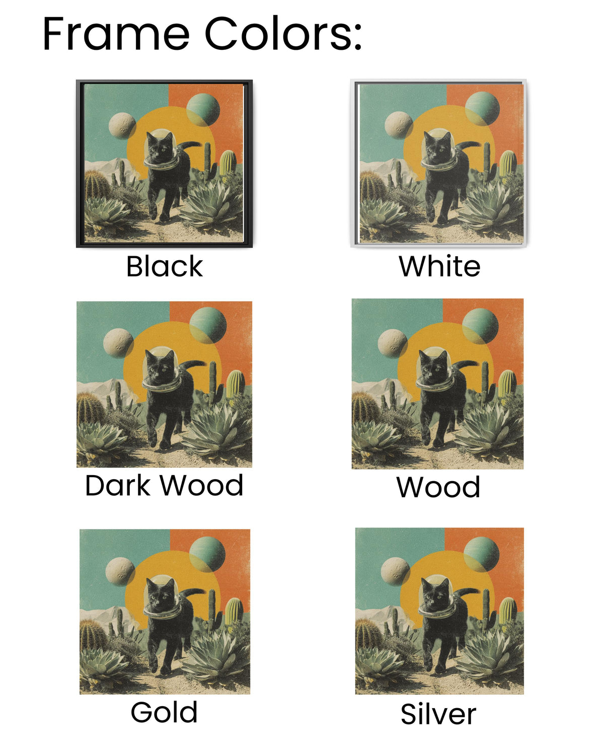 Black Cat in Space Helmet Desert Art, Surreal Cosmic Collage with Cacti and Planets, Vintage Magazine Cutout Style Poster Canvas