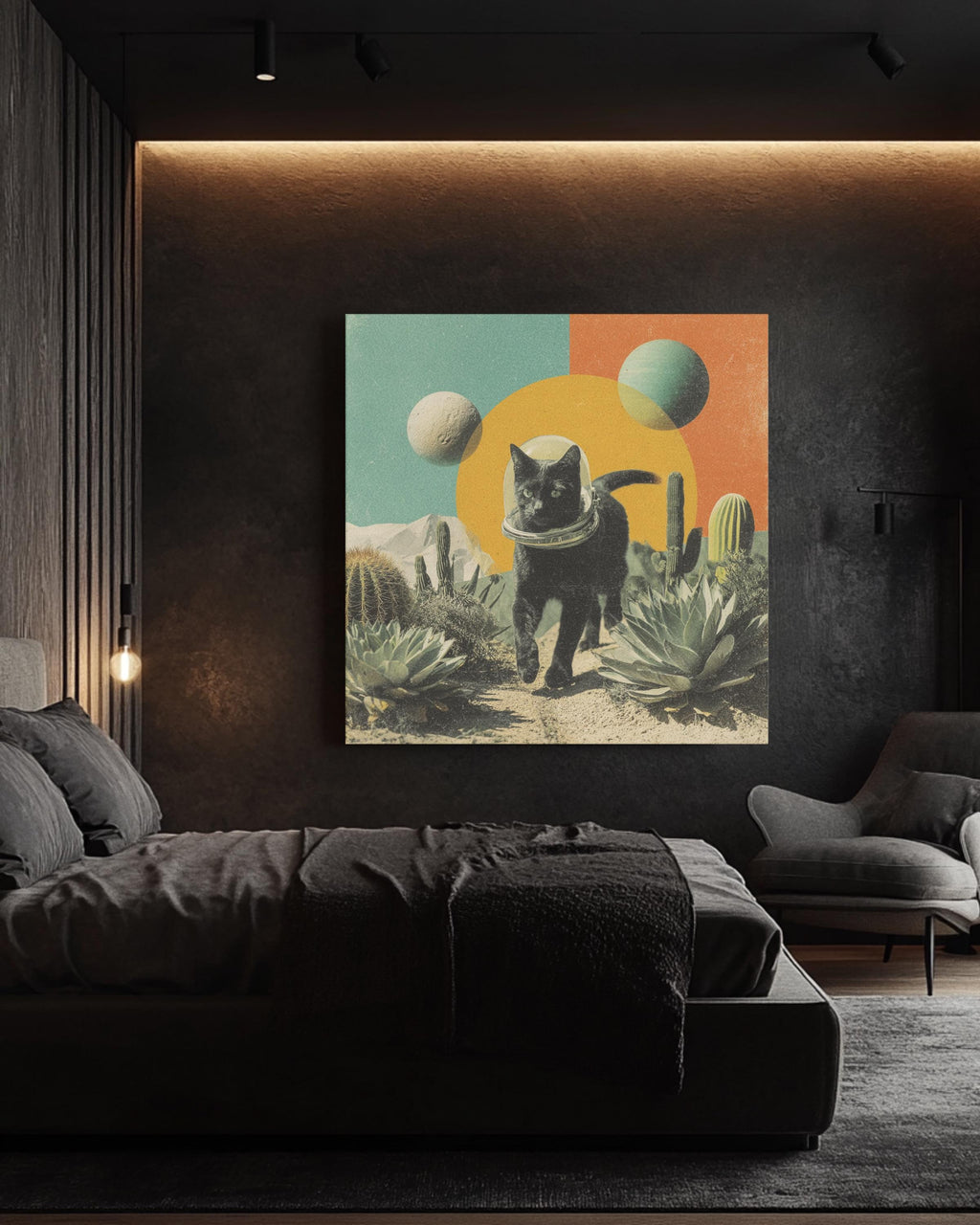 Black Cat in Space Helmet Desert Art, Surreal Cosmic Collage with Cacti and Planets, Vintage Magazine Cutout Style Poster Canvas
