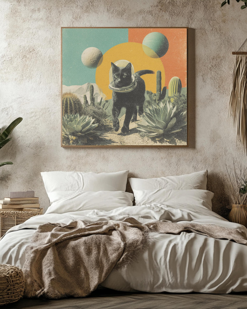 Black Cat in Space Helmet Desert Art, Surreal Cosmic Collage with Cacti and Planets, Vintage Magazine Cutout Style Poster Canvas