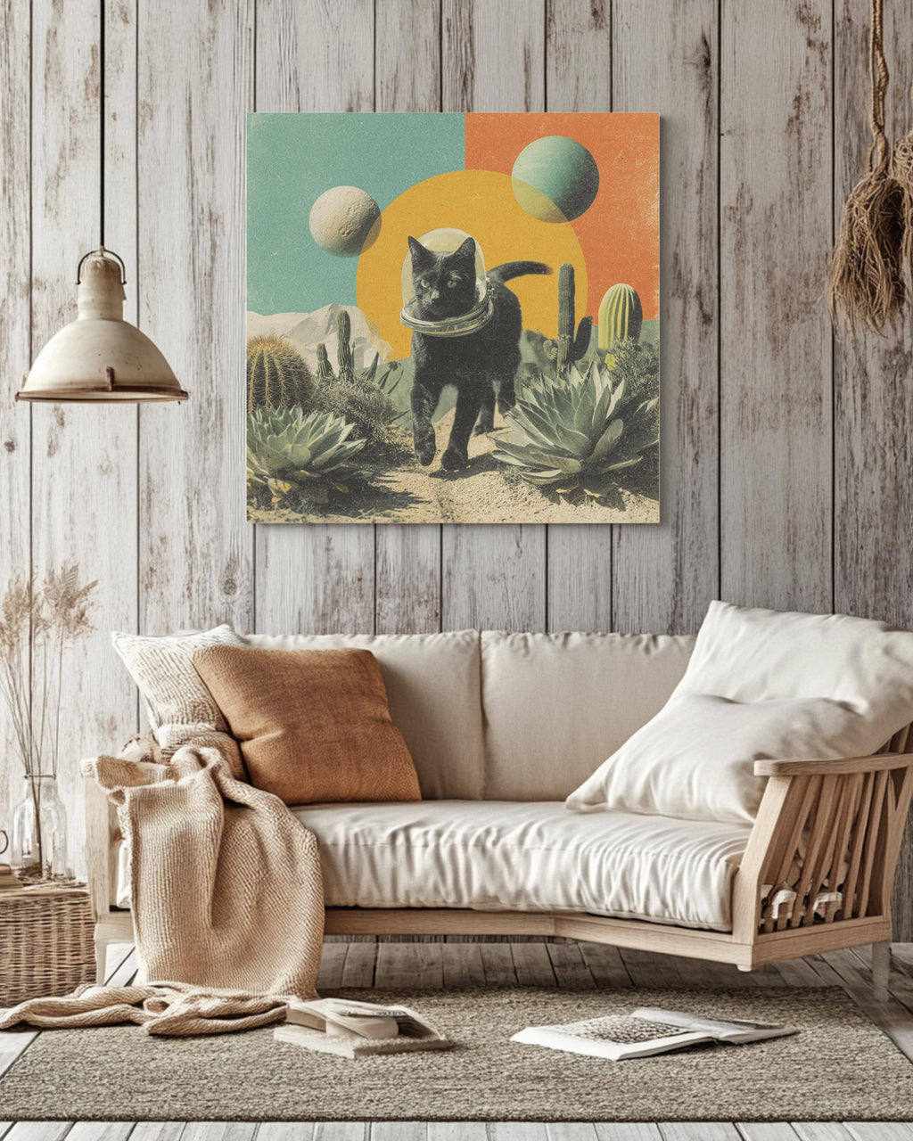 Black Cat in Space Helmet Desert Art, Surreal Cosmic Collage with Cacti and Planets, Vintage Magazine Cutout Style Poster Canvas