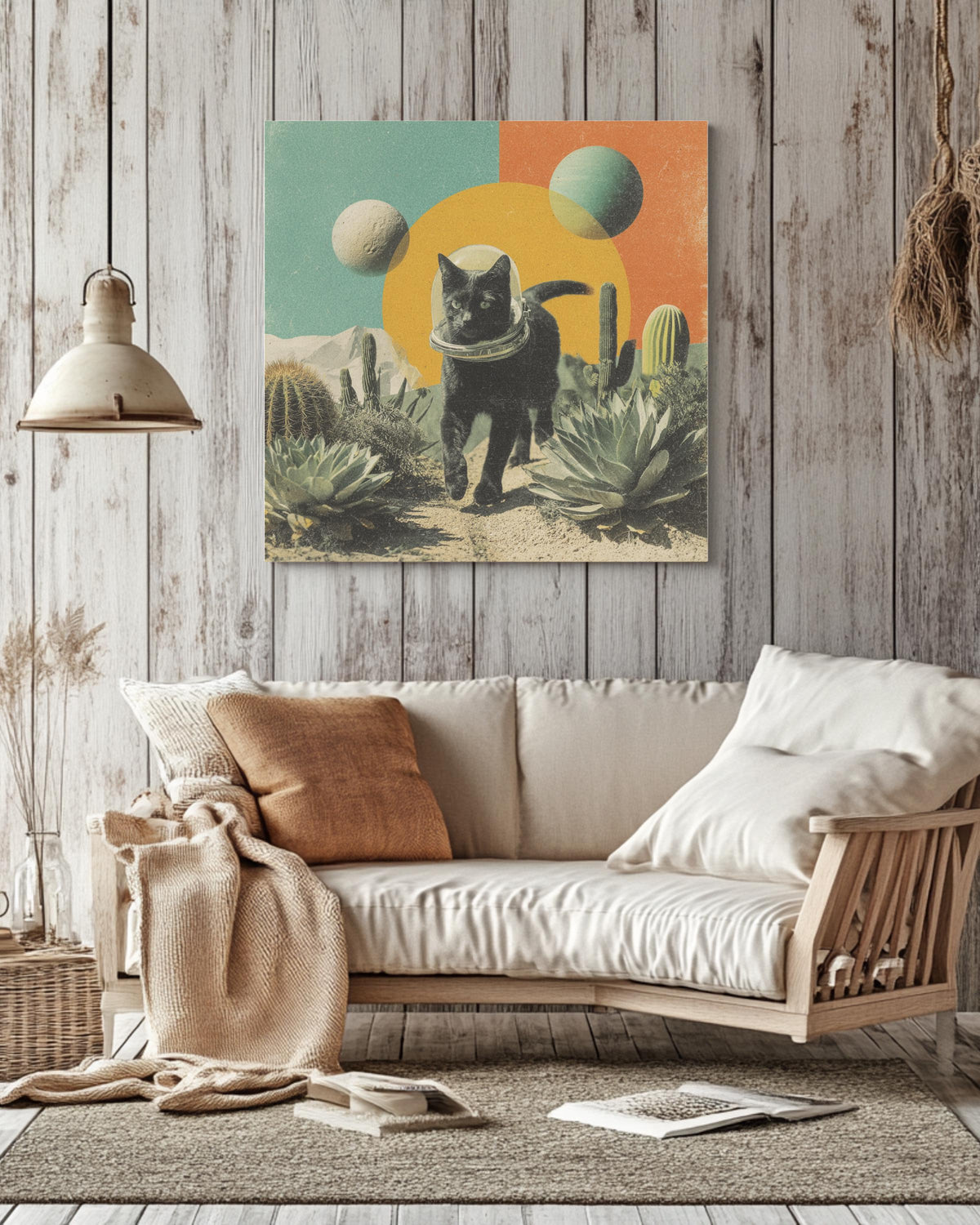 Black Cat in Space Helmet Desert Art, Surreal Cosmic Collage with Cacti and Planets, Vintage Magazine Cutout Style Poster Canvas
