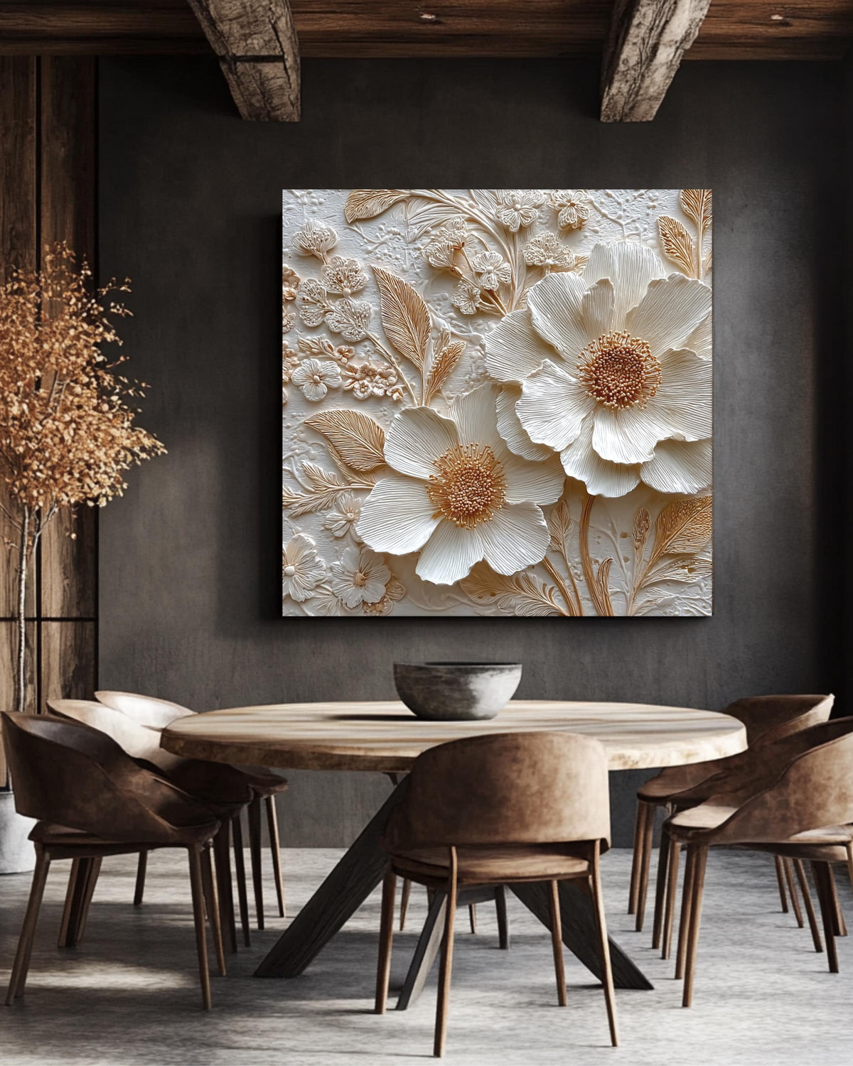 Romantic Floral Bas-Relief Sculpture Art, Delicate Flower Composition with Whimsical Details, Elegant Textured Poster Canvas
