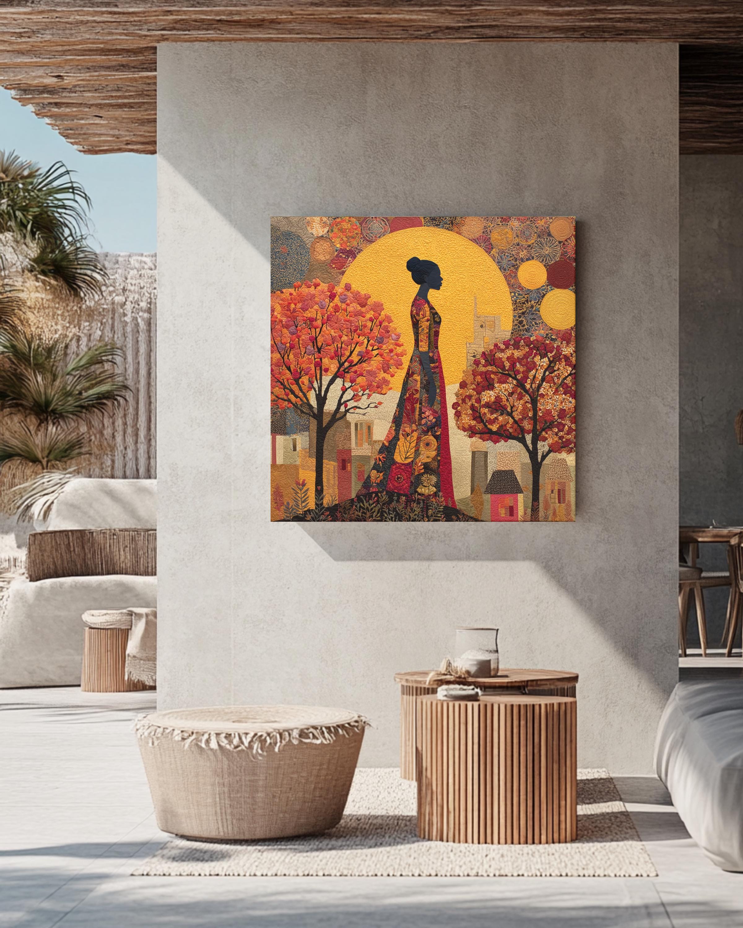 Autumn Goddess Wall Art Print | Afrocentric Woman Silhouette Under Golden Sun, Fall Trees & Warm Earth Tones, Modern Abstract