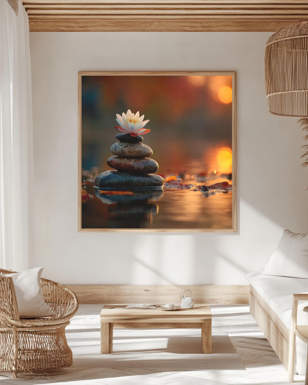 Zen Lotus Flower and Balancing Stones Wall Art | Tranquil Sunset Reflection Meditation Poster, Calm Water Canvas, Spiritual Nature Decor