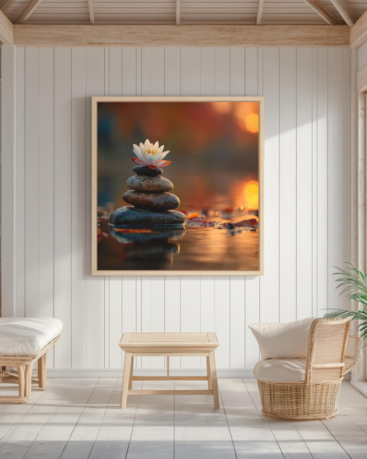Zen Lotus Flower and Balancing Stones Wall Art | Tranquil Sunset Reflection Meditation Poster, Calm Water Canvas, Spiritual Nature Decor