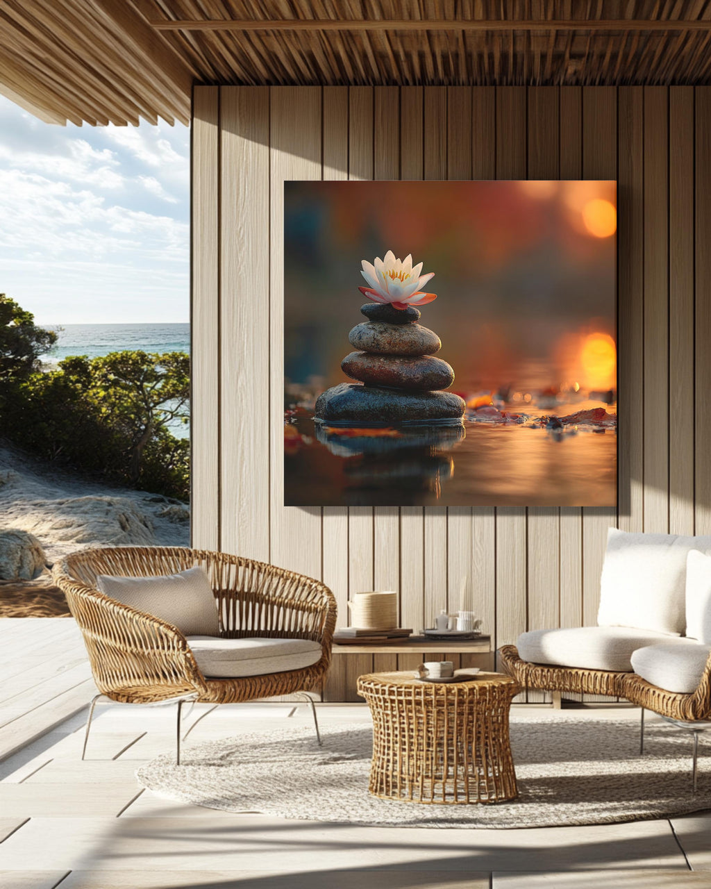 Zen Lotus Flower and Balancing Stones Wall Art | Tranquil Sunset Reflection Meditation Poster, Calm Water Canvas, Spiritual Nature Decor