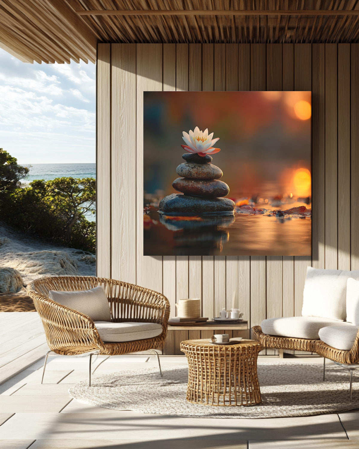 Zen Lotus Flower and Balancing Stones Wall Art | Tranquil Sunset Reflection Meditation Poster, Calm Water Canvas, Spiritual Nature Decor