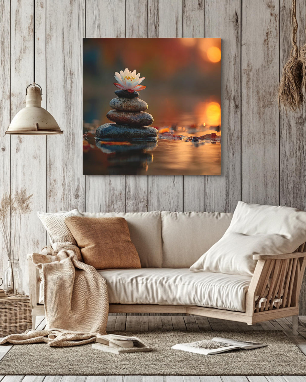 Zen Lotus Flower and Balancing Stones Wall Art | Tranquil Sunset Reflection Meditation Poster, Calm Water Canvas, Spiritual Nature Decor