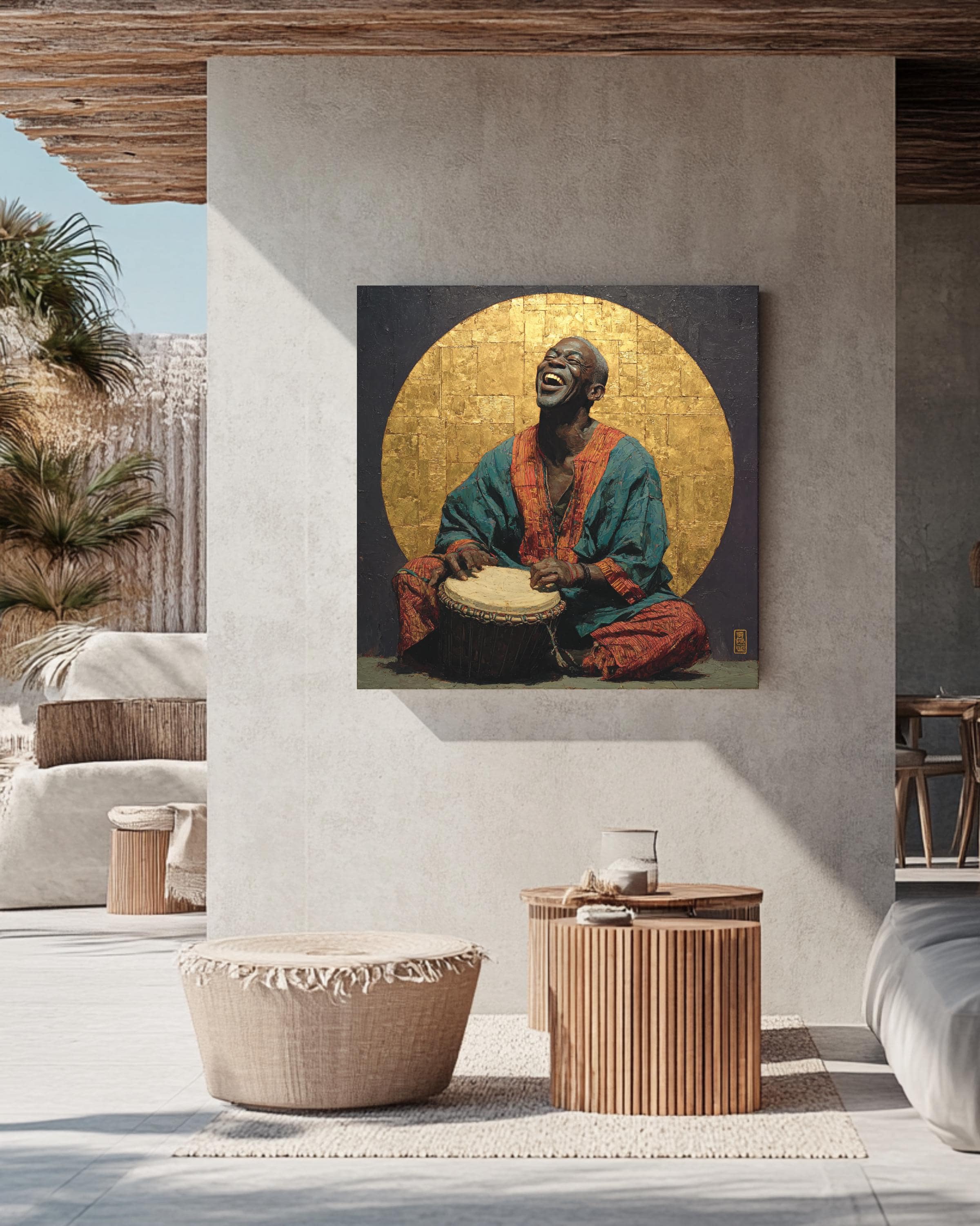 Joyful Drummer Wall Art | African Music Inspired Portrait Painting, Spiritual Poster, Cultural Canvas, Artistic Gift for Music Lovers