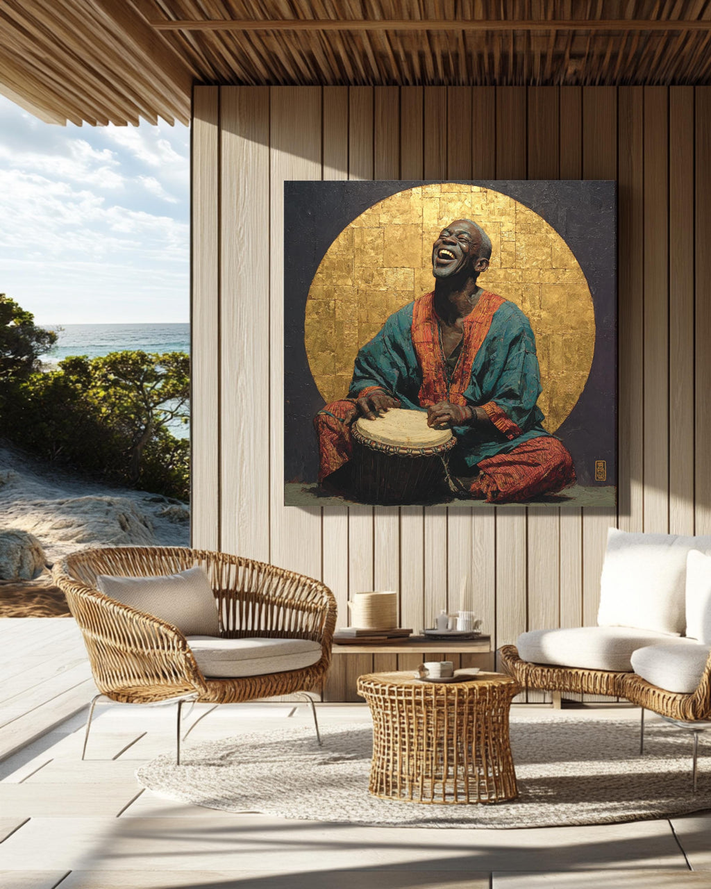 Joyful Drummer Wall Art | African Music Inspired Portrait Painting, Spiritual Poster, Cultural Canvas, Artistic Gift for Music Lovers