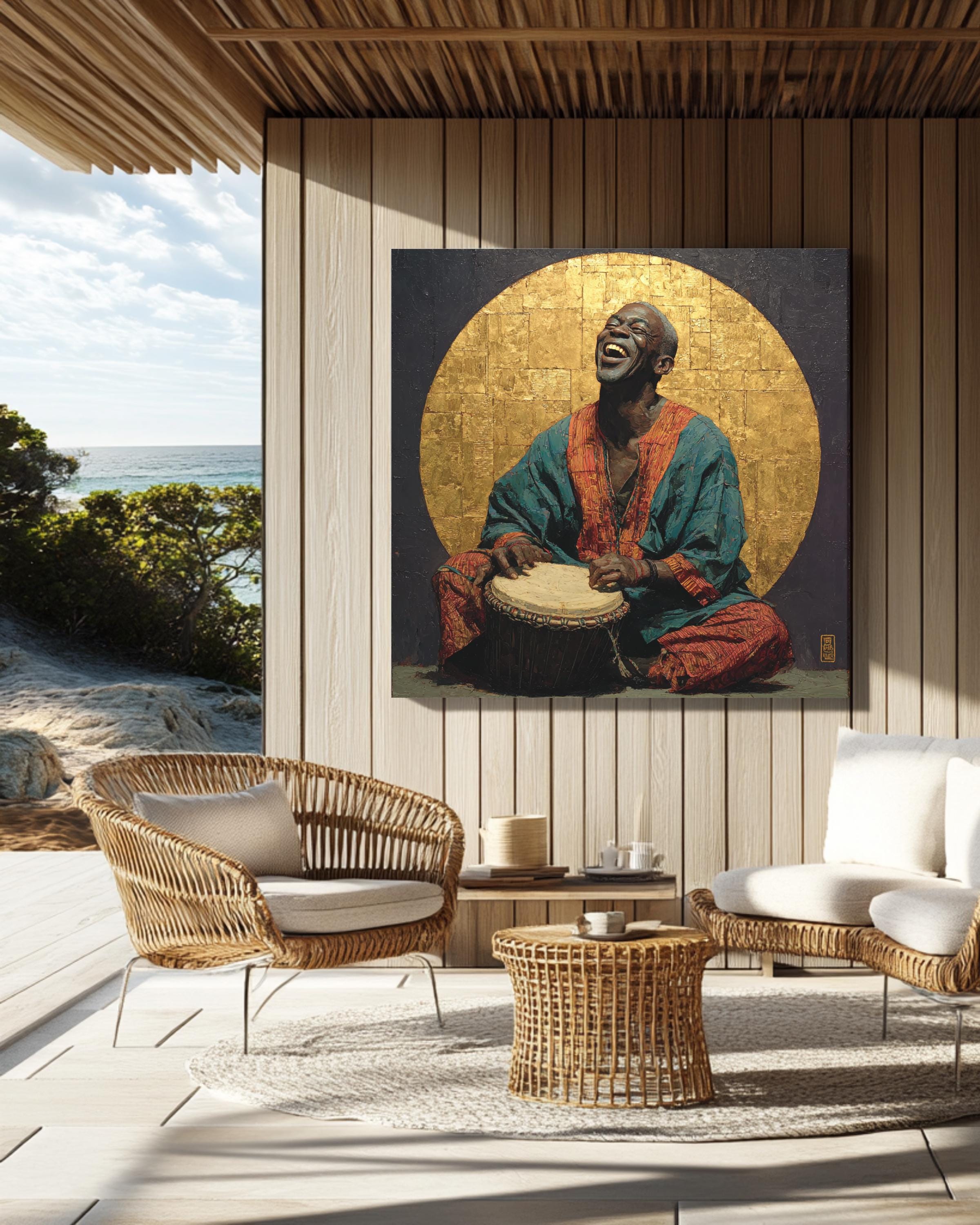 Joyful Drummer Wall Art | African Music Inspired Portrait Painting, Spiritual Poster, Cultural Canvas, Artistic Gift for Music Lovers