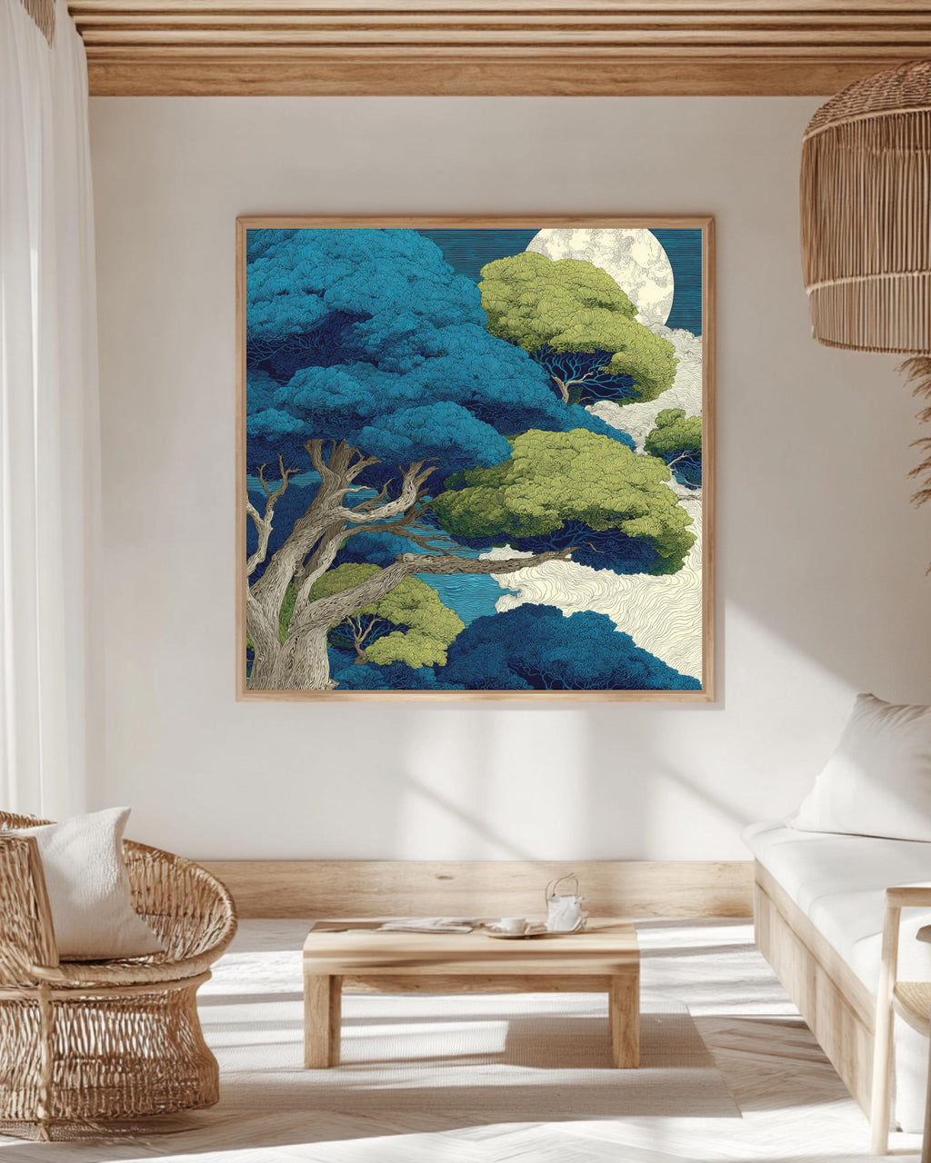 Mystical Moonlit Forest Wall Art | Japanese Inspired Tree Poster, Tranquil Nature Canvas, Blue and Green Night Sky, Serene Botanical
