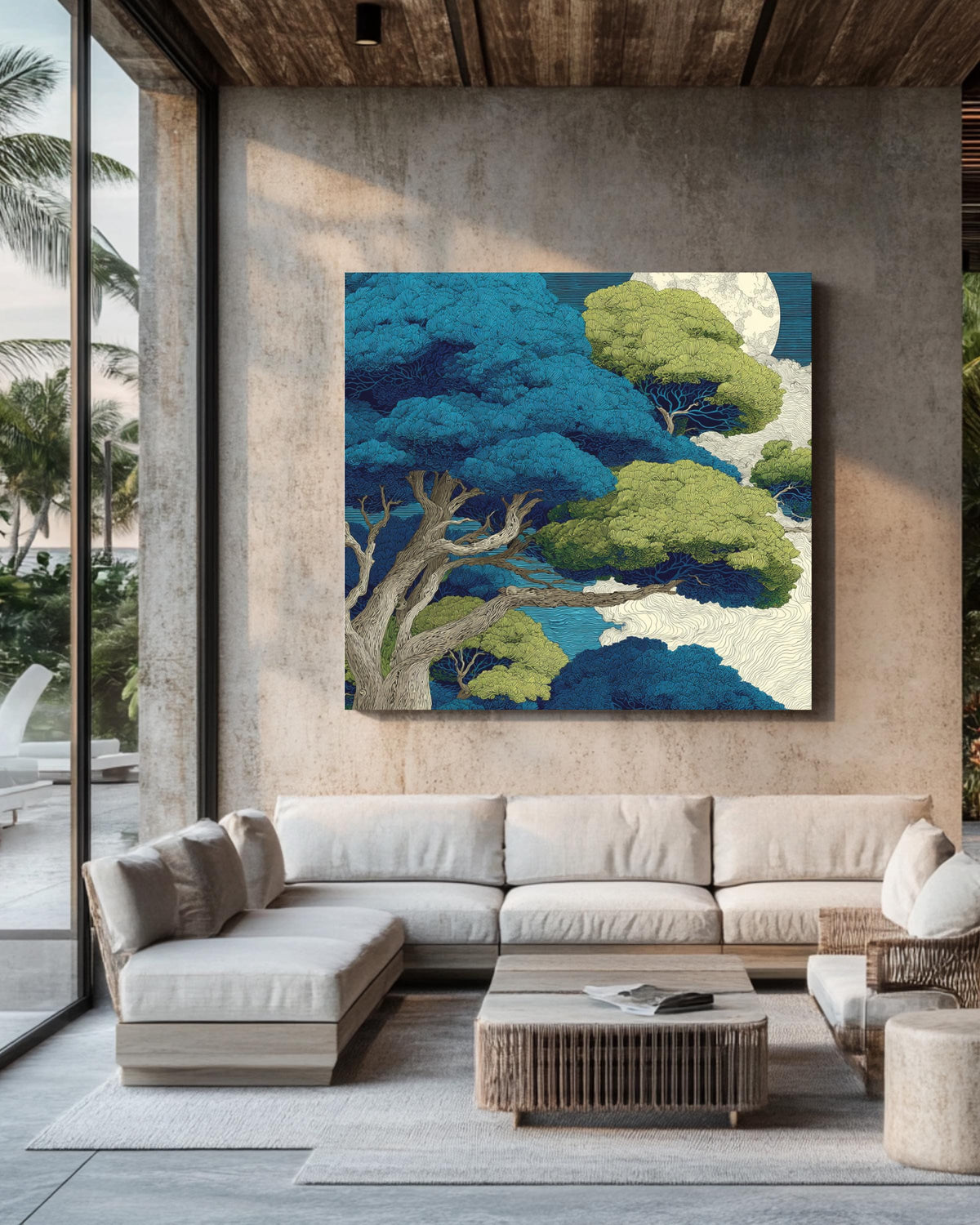 Mystical Moonlit Forest Wall Art | Japanese Inspired Tree Poster, Tranquil Nature Canvas, Blue and Green Night Sky, Serene Botanical