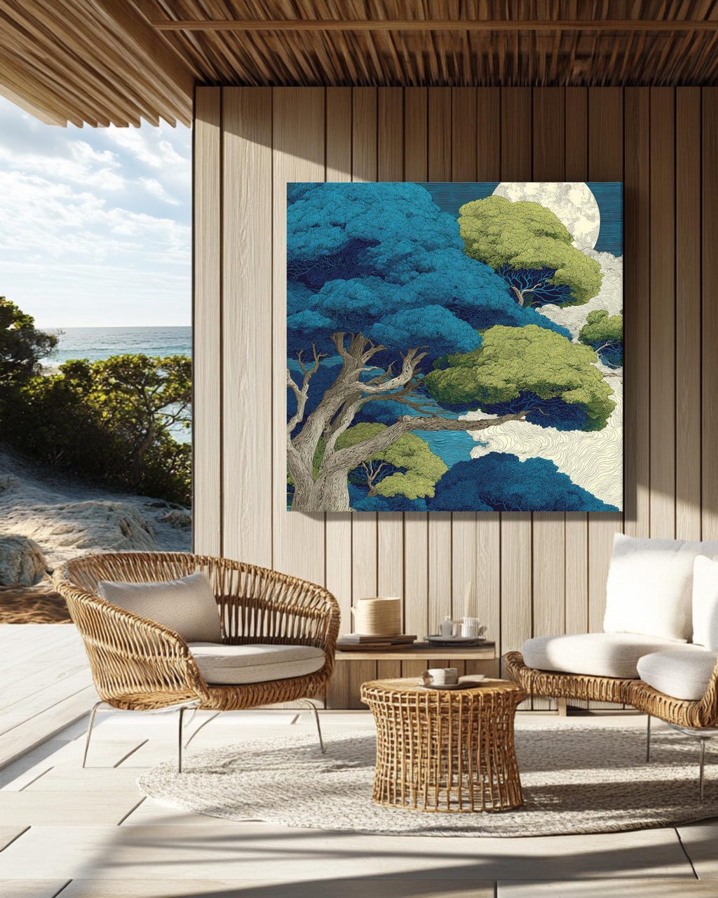 Mystical Moonlit Forest Wall Art | Japanese Inspired Tree Poster, Tranquil Nature Canvas, Blue and Green Night Sky, Serene Botanical