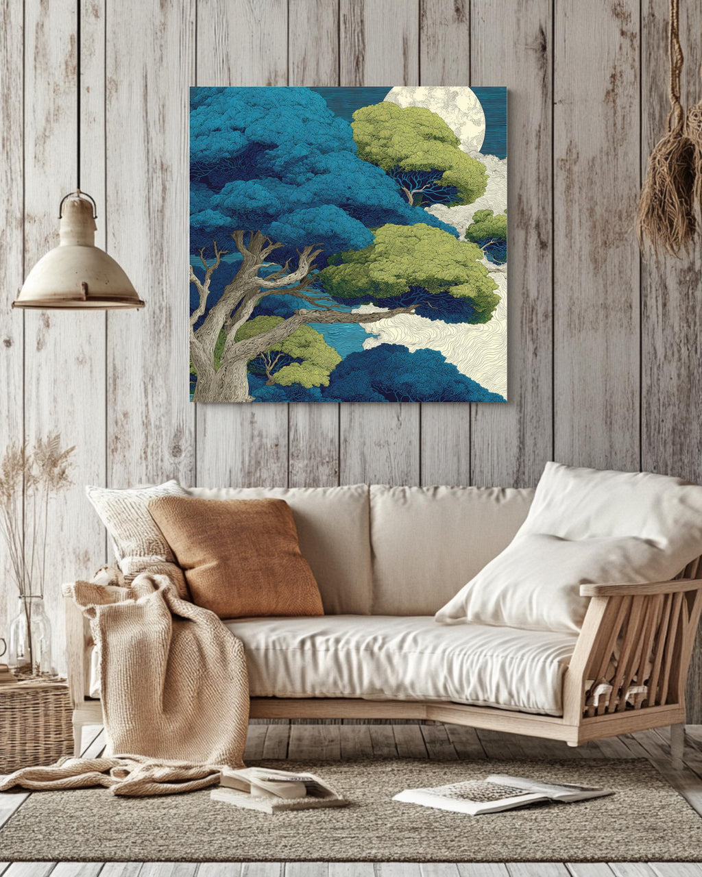 Mystical Moonlit Forest Wall Art | Japanese Inspired Tree Poster, Tranquil Nature Canvas, Blue and Green Night Sky, Serene Botanical