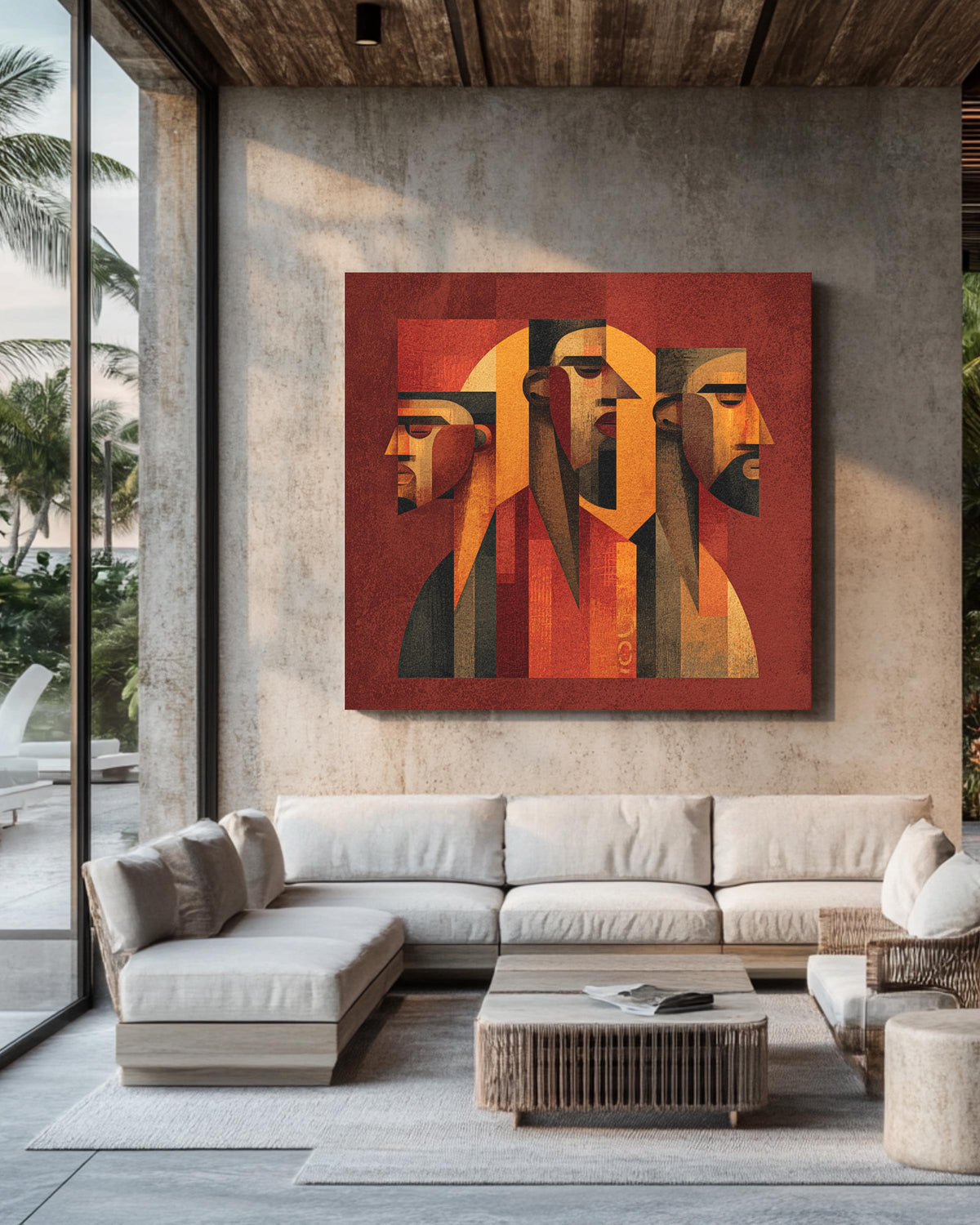 Cubist Abstract Faces Wall Art | Geometric Portrait Painting in Red, Orange & Brown Tones | Modern Minimalist Poster, Canvas