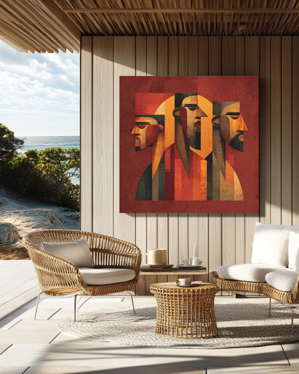 Cubist Abstract Faces Wall Art | Geometric Portrait Painting in Red, Orange & Brown Tones | Modern Minimalist Poster, Canvas