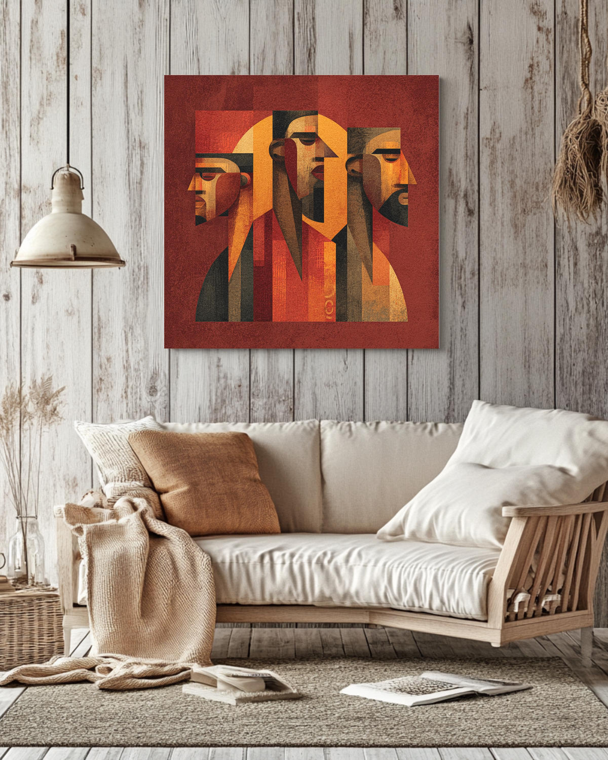 Cubist Abstract Faces Wall Art | Geometric Portrait Painting in Red, Orange & Brown Tones | Modern Minimalist Poster, Canvas