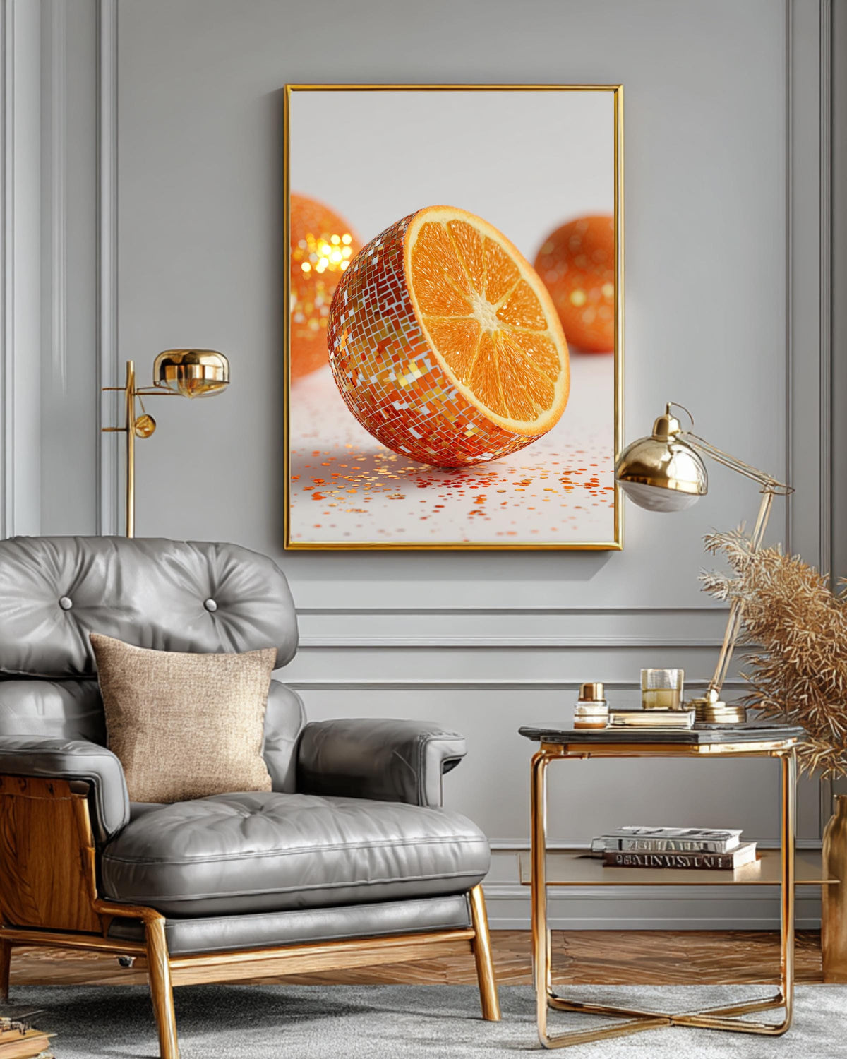 Photorealistic Disco Ball Orange Wall Art, Hyper-Realistic 3D Render Fruit Photography, Glitter Orange Close-Up