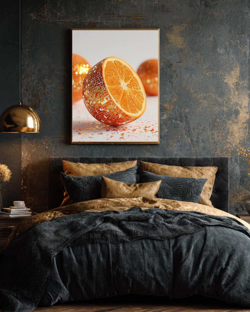 Photorealistic Disco Ball Orange Wall Art, Hyper-Realistic 3D Render Fruit Photography, Glitter Orange Close-Up