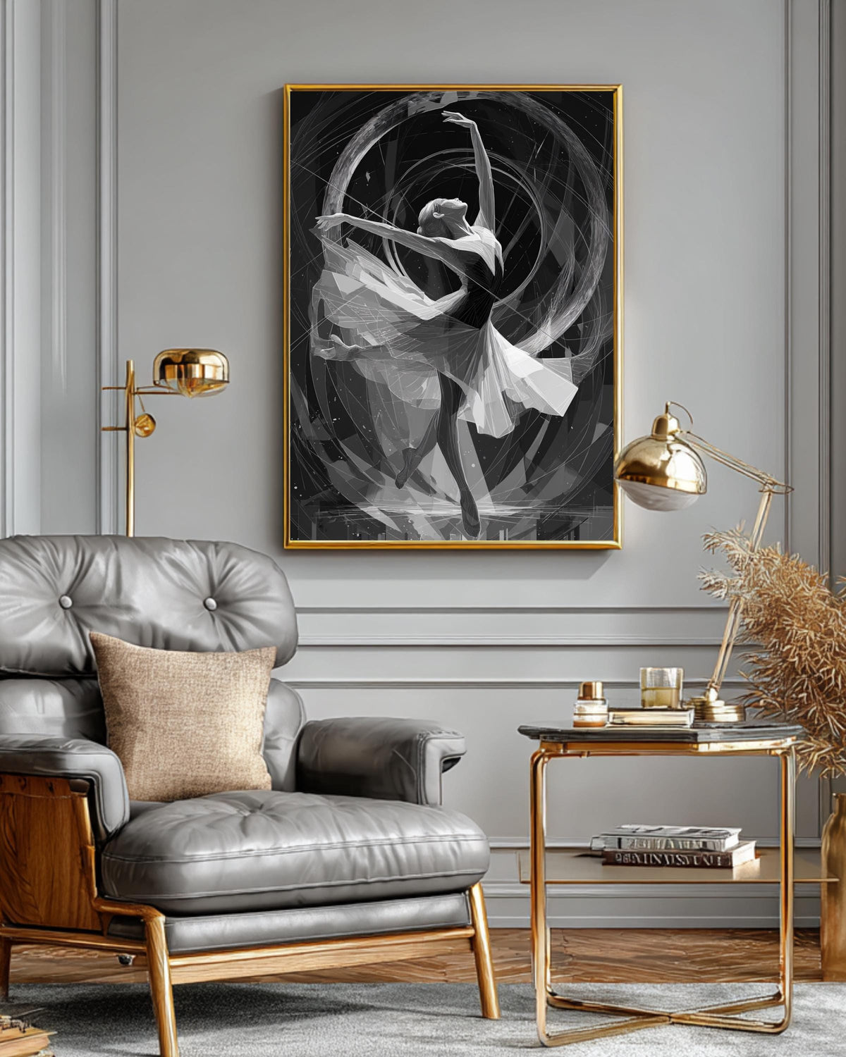 Art Deco Dancer Wall Art, Elegant Geometric Illustration in Silver Metallic Lines, Dynamic Circular Frame Design