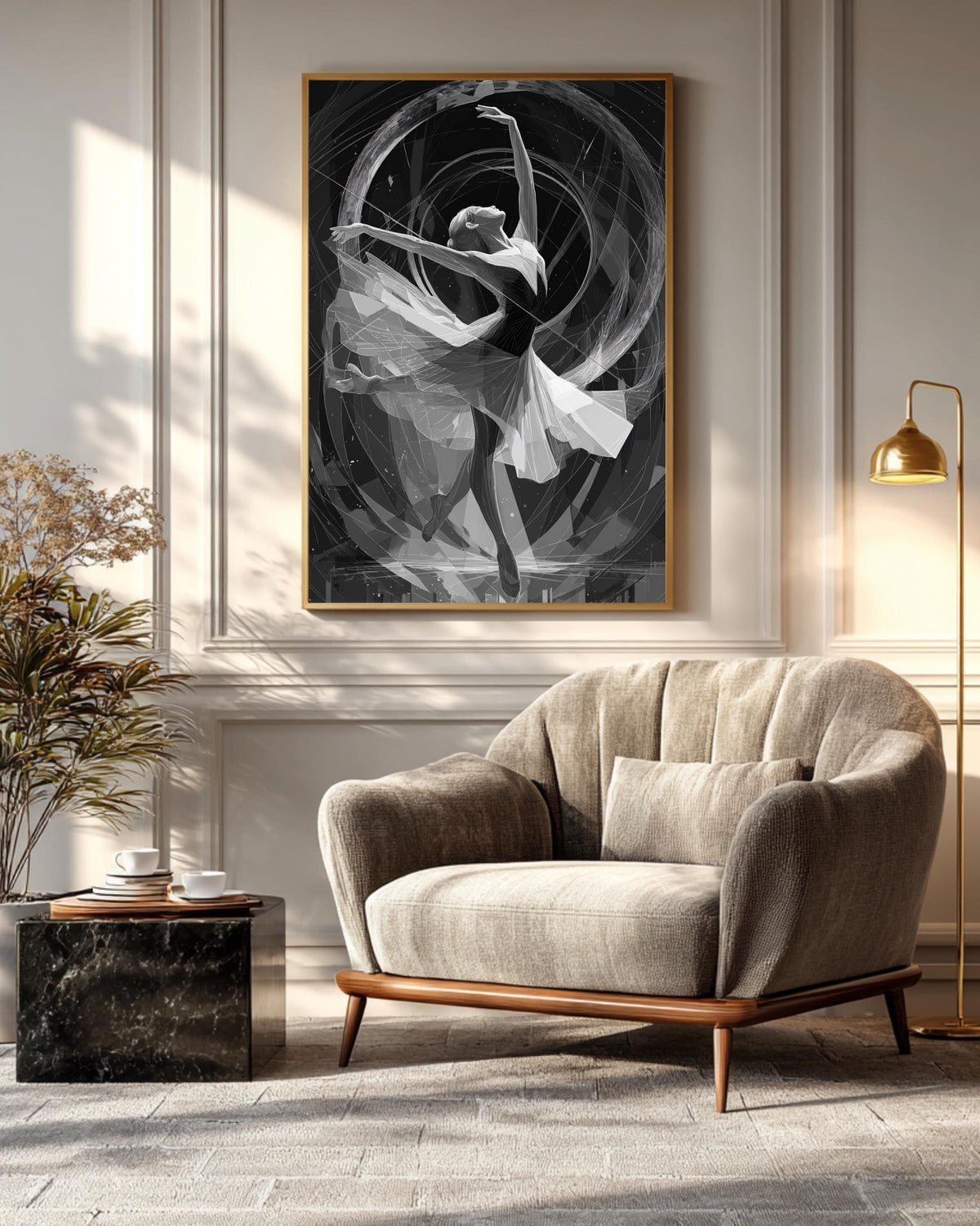 Art Deco Dancer Wall Art, Elegant Geometric Illustration in Silver Metallic Lines, Dynamic Circular Frame Design