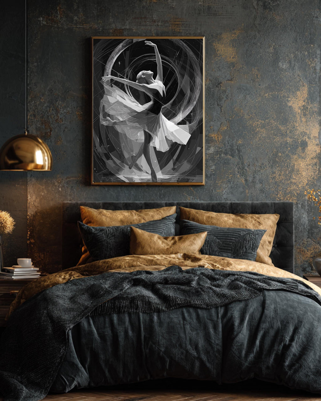 Art Deco Dancer Wall Art, Elegant Geometric Illustration in Silver Metallic Lines, Dynamic Circular Frame Design
