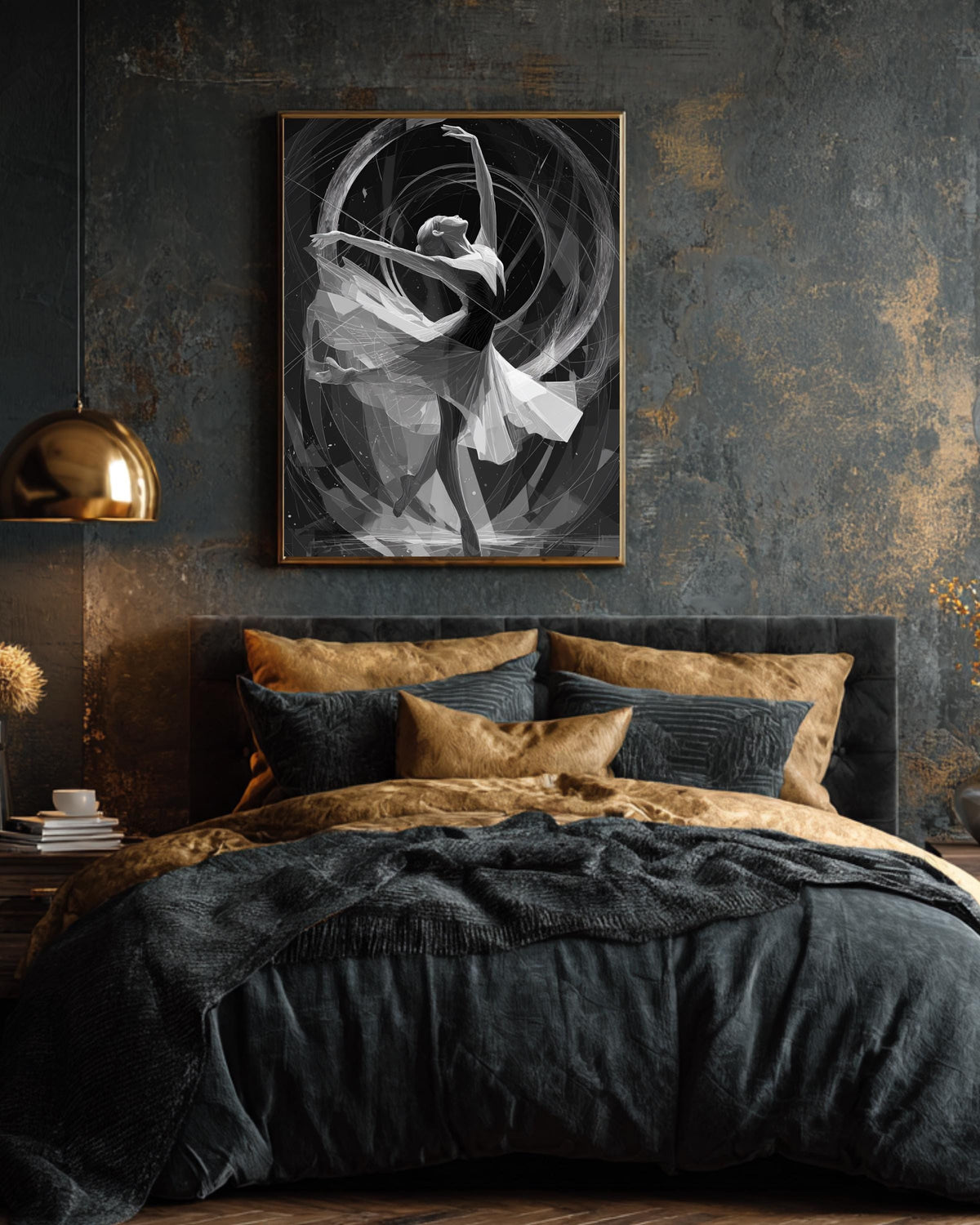 Art Deco Dancer Wall Art, Elegant Geometric Illustration in Silver Metallic Lines, Dynamic Circular Frame Design