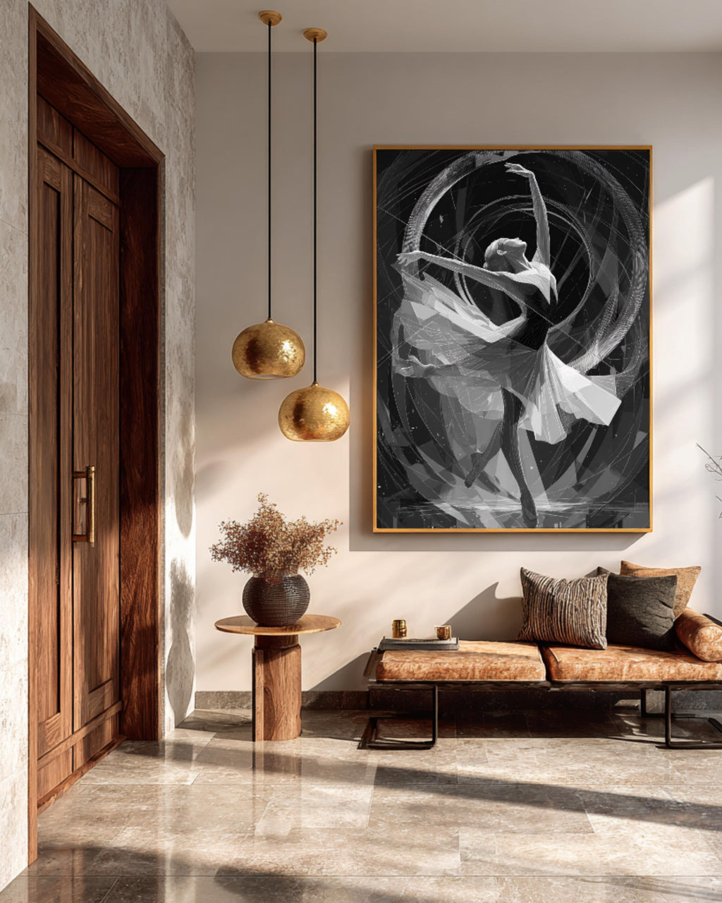 Art Deco Dancer Wall Art, Elegant Geometric Illustration in Silver Metallic Lines, Dynamic Circular Frame Design