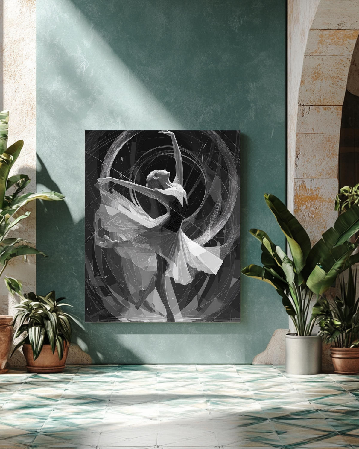 Art Deco Dancer Wall Art, Elegant Geometric Illustration in Silver Metallic Lines, Dynamic Circular Frame Design