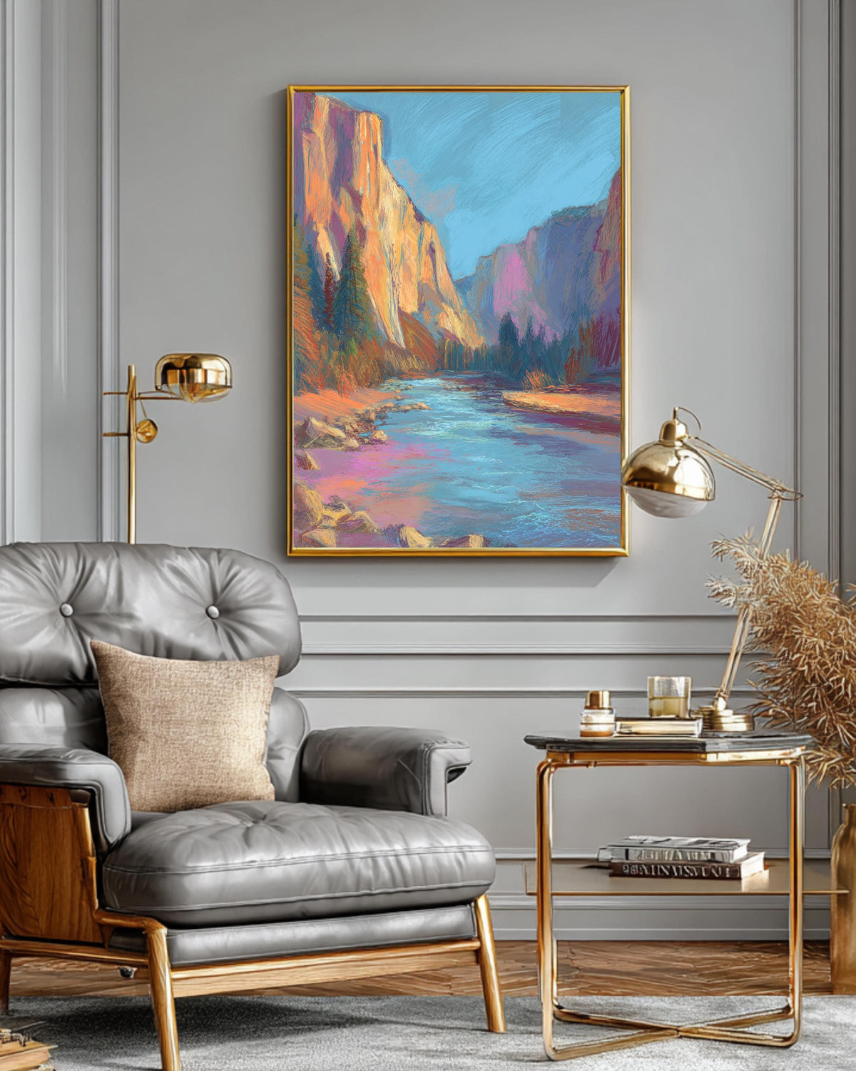 Yosemite National Park Watercolor Drawing, Pastel Landscape with River and Cliffs, Henri Matisse & James Jean Inspired