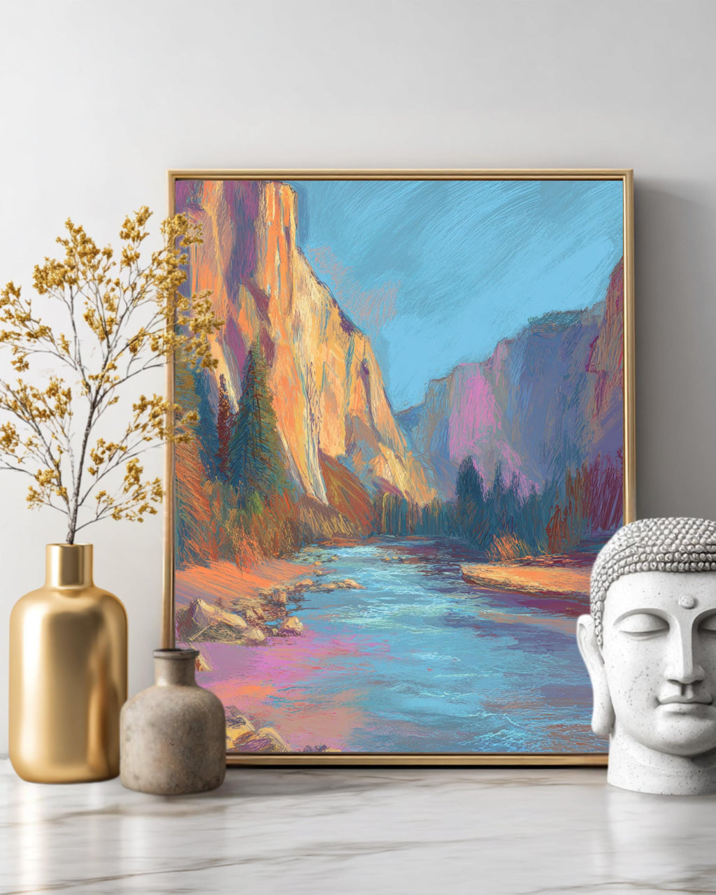 Yosemite National Park Watercolor Drawing, Pastel Landscape with River and Cliffs, Henri Matisse & James Jean Inspired