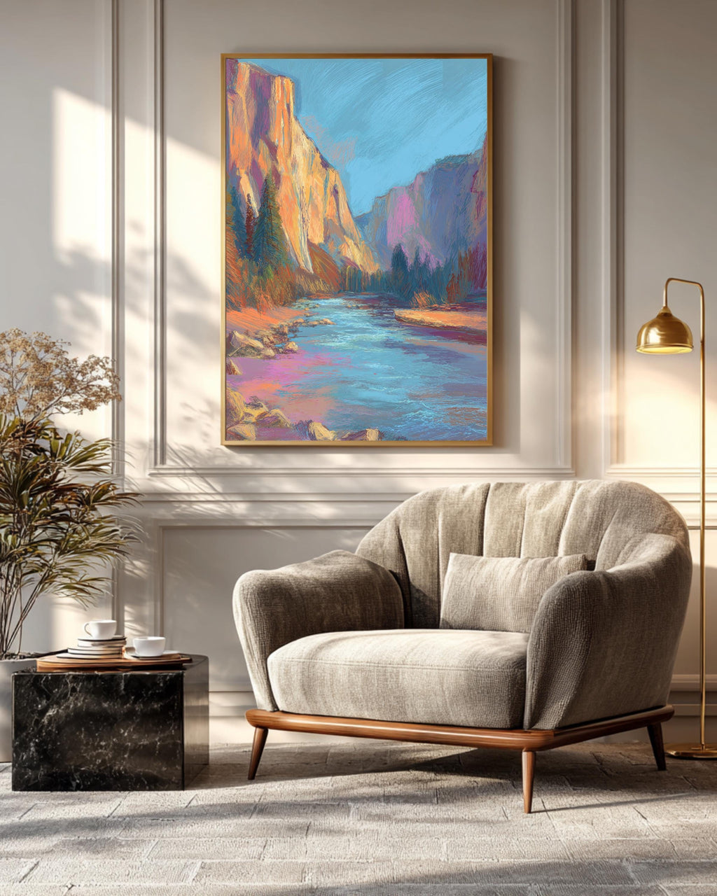 Yosemite National Park Watercolor Drawing, Pastel Landscape with River and Cliffs, Henri Matisse & James Jean Inspired