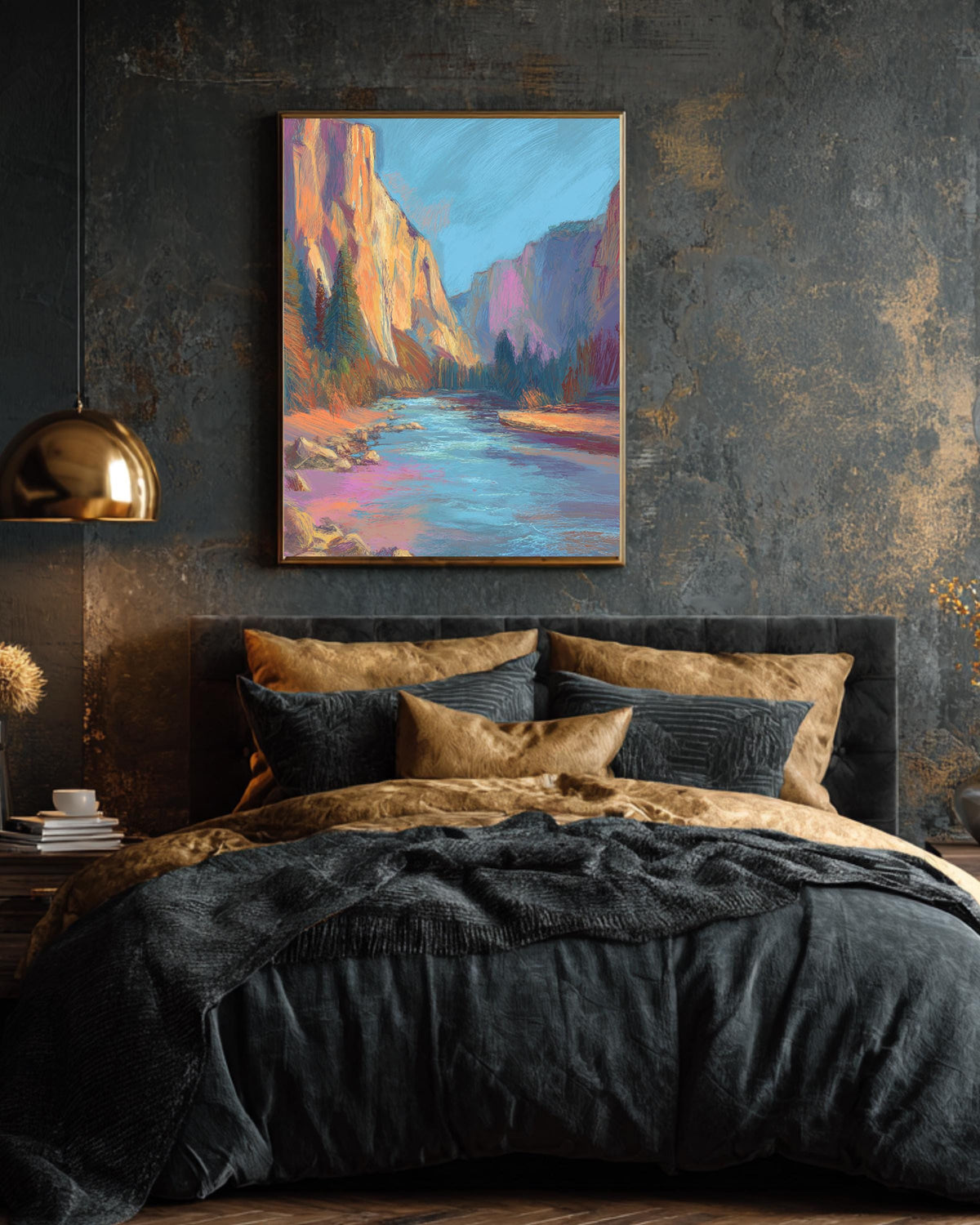 Yosemite National Park Watercolor Drawing, Pastel Landscape with River and Cliffs, Henri Matisse & James Jean Inspired