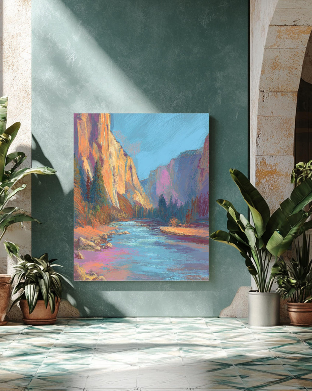Yosemite National Park Watercolor Drawing, Pastel Landscape with River and Cliffs, Henri Matisse & James Jean Inspired