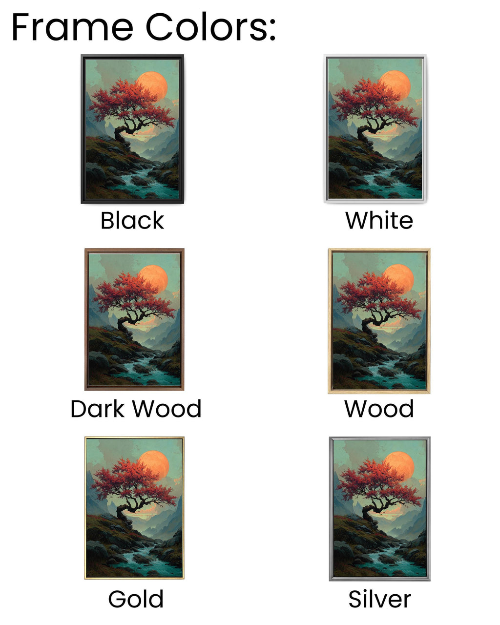 Fantasy Cherry Tree Mountain Painting, Water Flowing Beneath Large Tree with Orange Moon, David Uhl Inspired Artwork