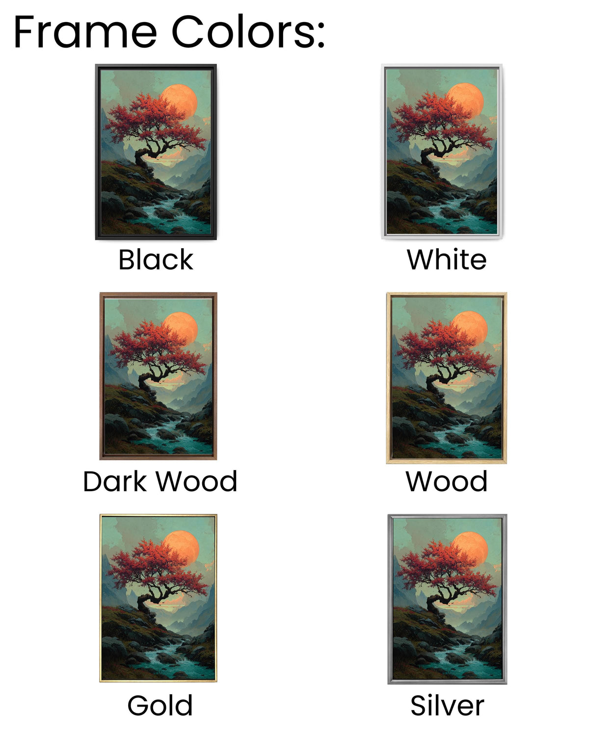 Fantasy Cherry Tree Mountain Painting, Water Flowing Beneath Large Tree with Orange Moon, David Uhl Inspired Artwork