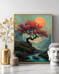 Fantasy Cherry Tree Mountain Painting, Water Flowing Beneath Large Tree with Orange Moon, David Uhl Inspired Artwork
