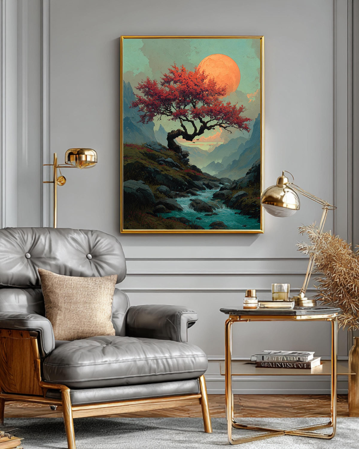 Fantasy Cherry Tree Mountain Painting, Water Flowing Beneath Large Tree with Orange Moon, David Uhl Inspired Artwork