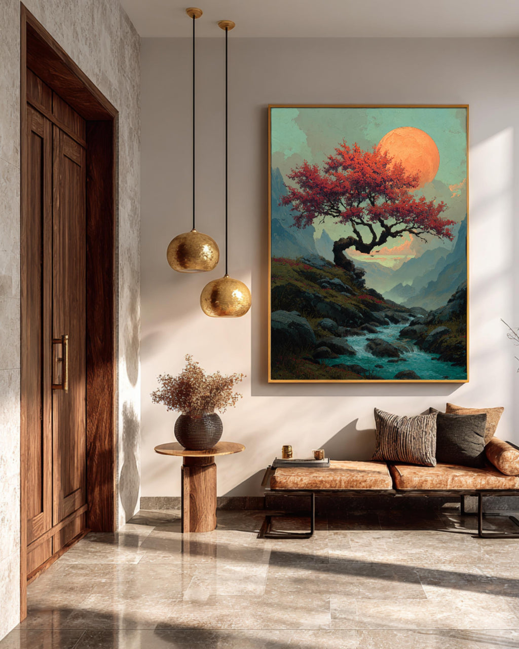 Fantasy Cherry Tree Mountain Painting, Water Flowing Beneath Large Tree with Orange Moon, David Uhl Inspired Artwork