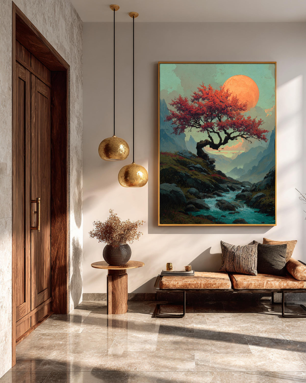 Fantasy Cherry Tree Mountain Painting, Water Flowing Beneath Large Tree with Orange Moon, David Uhl Inspired Artwork