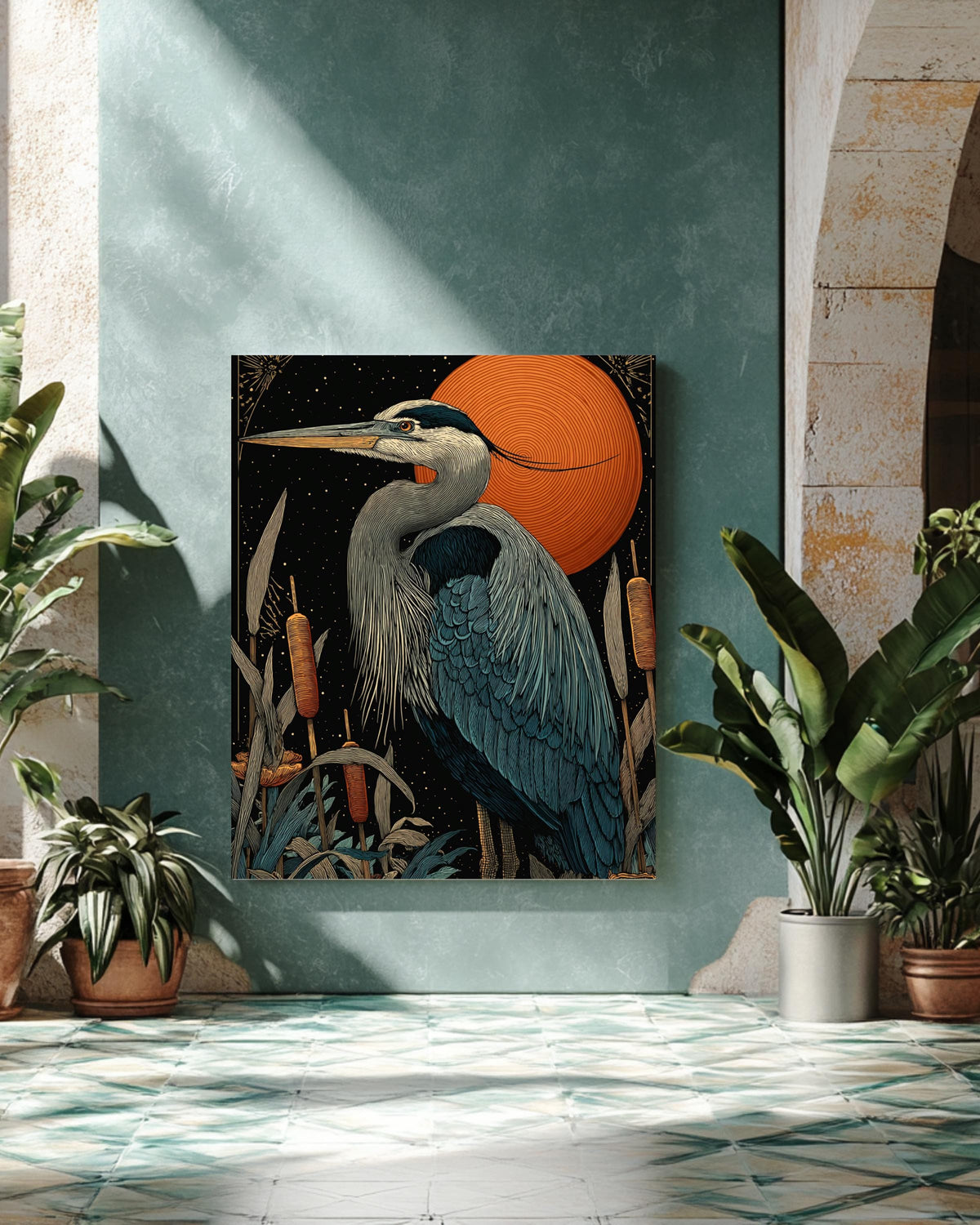 Great Blue Heron Wall Art Print | Elegant Bird Illustration Standing Among Cattails Under Starry Night Sky | Detailed Nature Wildlife Poster